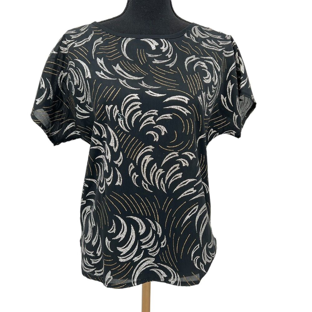 Vintage Ativo Black Silver Glitter Geometric‎ Glitter Print Short Sleeve Blouse